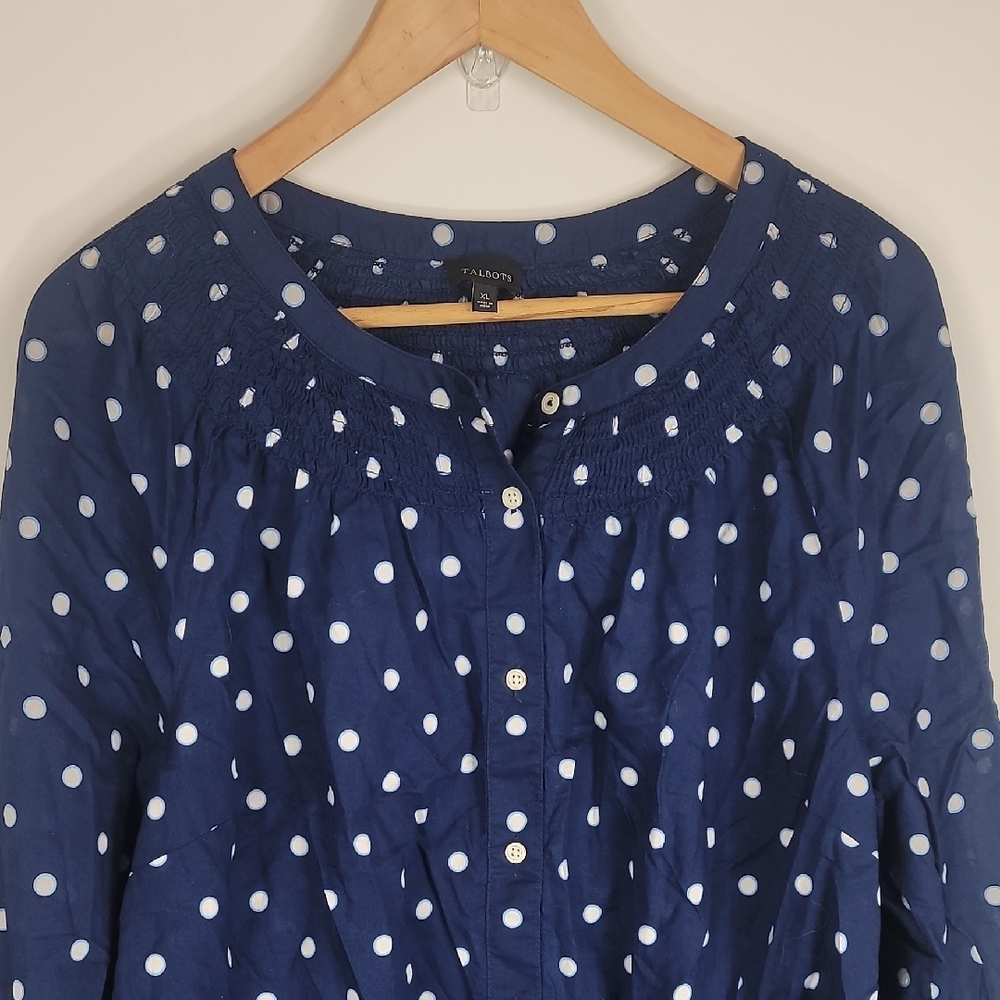 Talbots Navy Dark Blue Blouse with White Dots